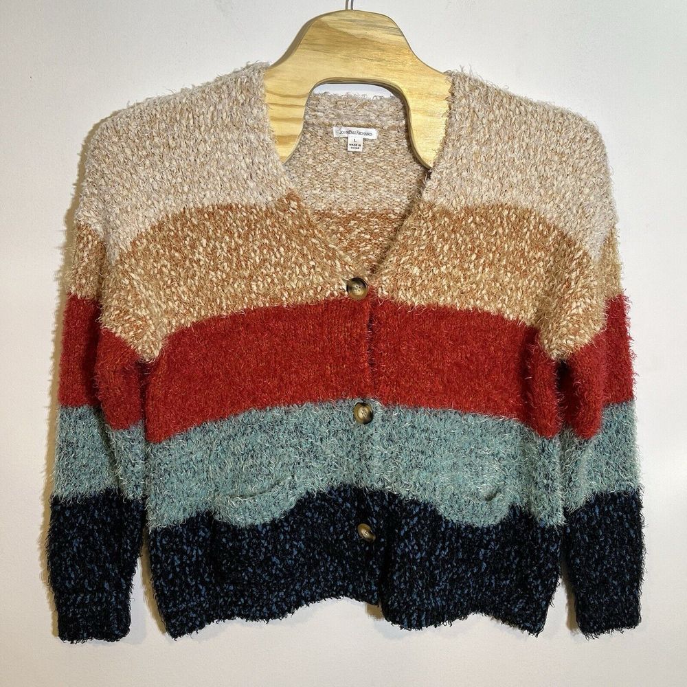 John Paul Richard Large Button Front Cardigan Eyelash Striped Oversized Boxy